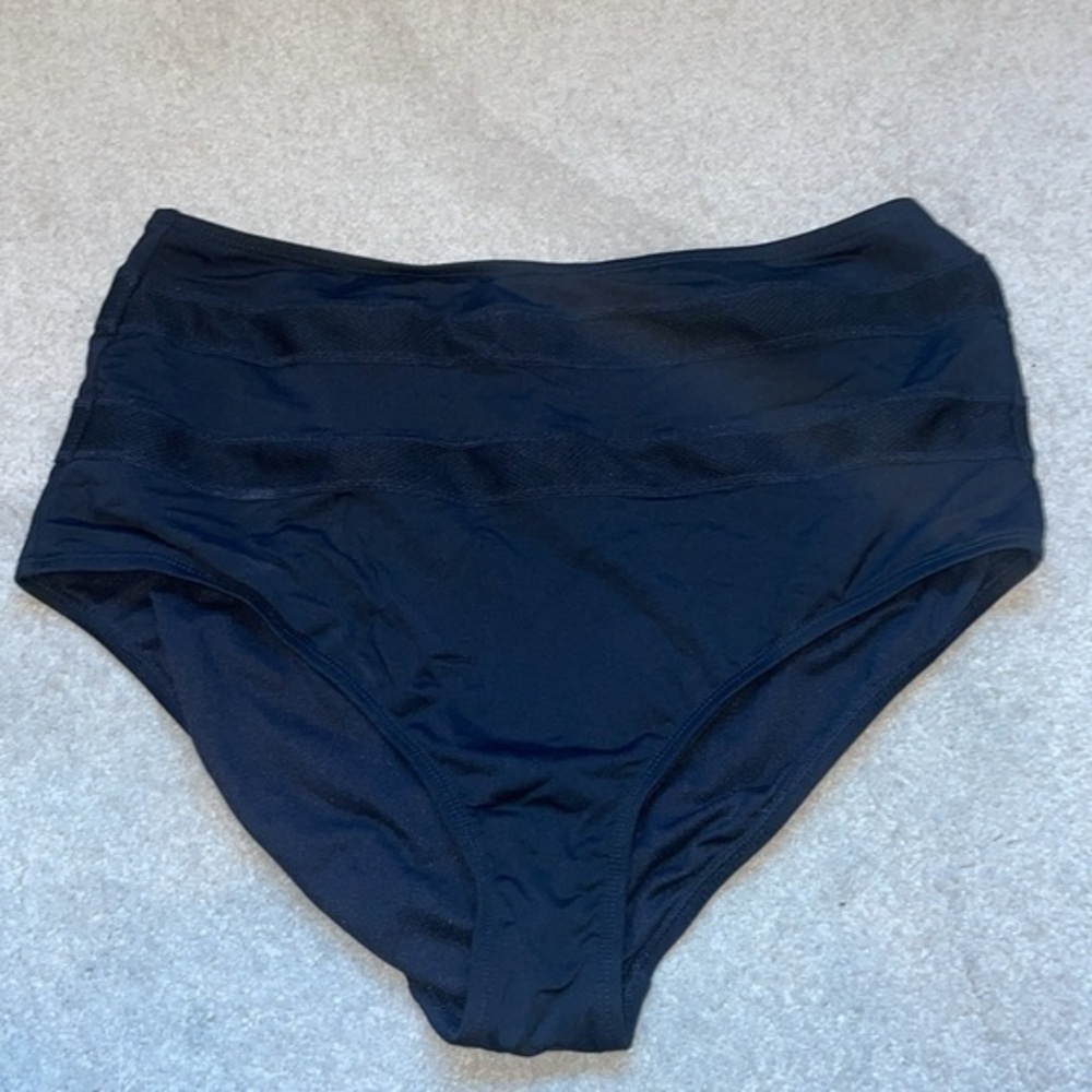 Athleta, high-rise, black, bikini bottoms with mesh stripes.
